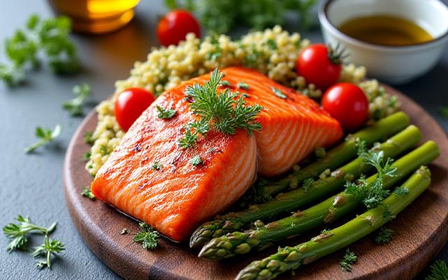 A balanced plate of food featuring salmon, quinoa, and asparagus, illustrating healthy nutrition.
