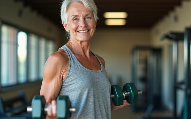 An older adult performing gentle resistance training with a light dumbbell, emphasizing safe and effective fitness for seniors.