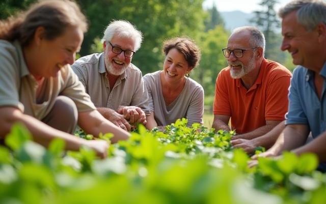 A diverse group of adults in a community garden, actively engaged in gardening and social interaction, symbolizing community wellness.