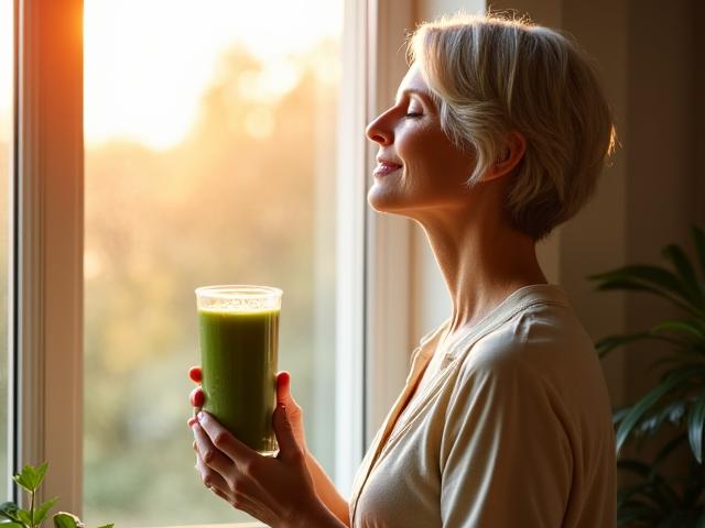 Woman enjoying a morning ritual of healthy smoothie and mindfulness exercise, soft light from window.