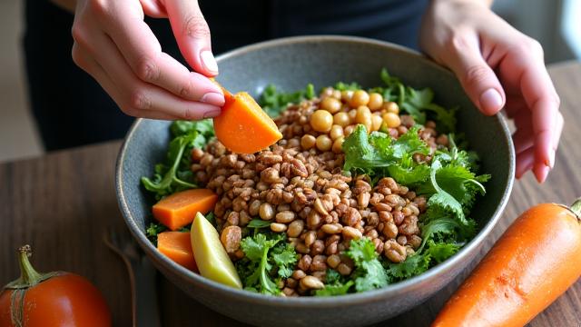 Healthy meal on a table, hands reaching for food, symbolizing mindful eating
