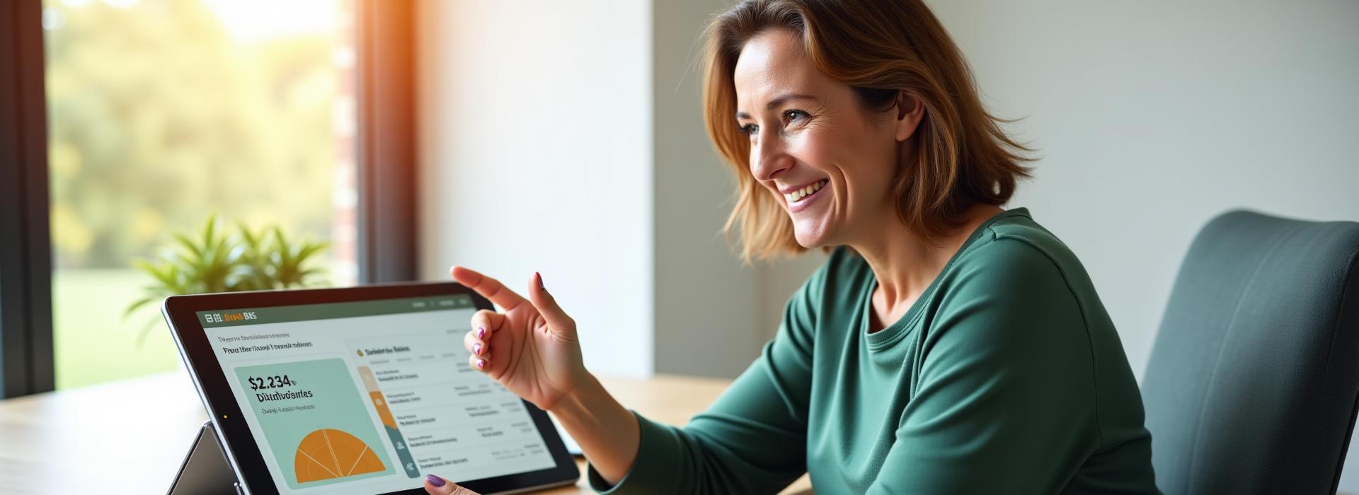 Woman happily using a tablet with health data