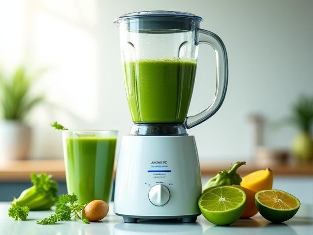 High-performance blender preparing a green smoothie